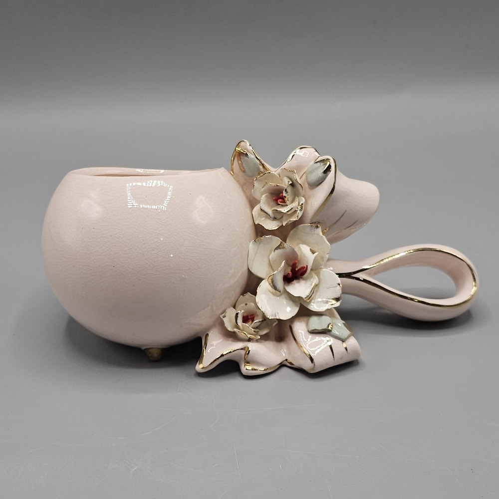 Vintage 50x Napco Flowers Ceramic Baby Nursery Planter Pink Bow Japan 1L2166